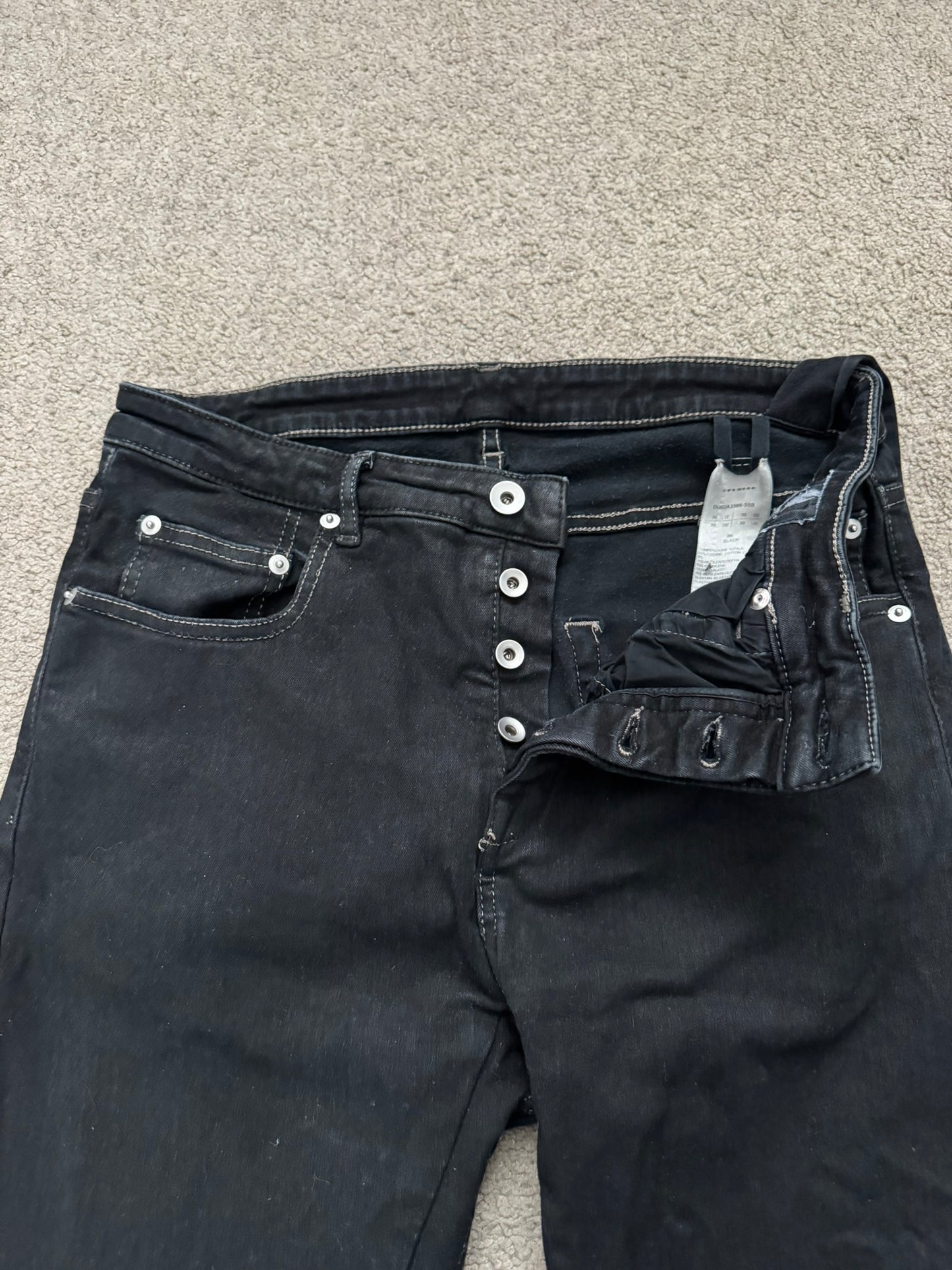 FW21 Rick Owens DRKSHDW Black Waxed Detroit Cut Denim Jeans