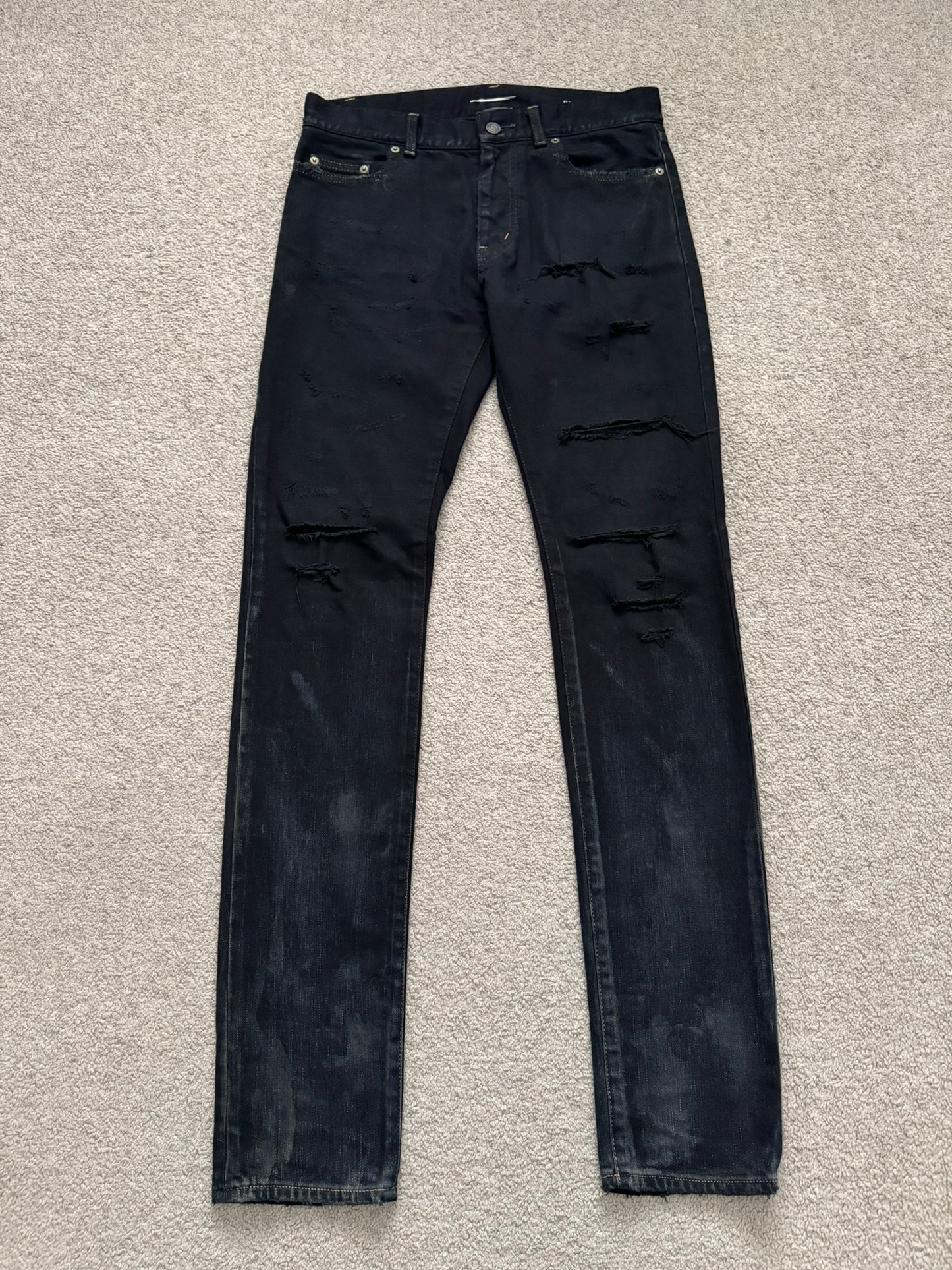 SS16 Saint Laurent by Hedi Slimane Oil Stain Distressed Crash Denim Jeans