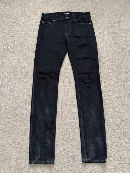 SS16 Saint Laurent by Hedi Slimane Oil Stain Distressed Crash Denim Jeans