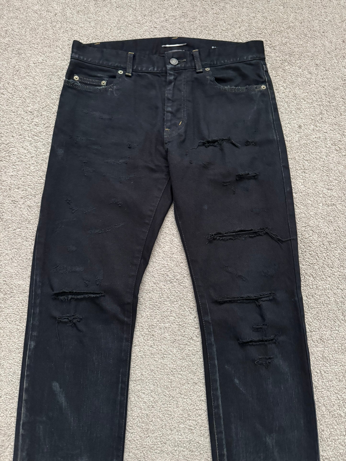 SS16 Saint Laurent by Hedi Slimane Oil Stain Distressed Crash Denim Jeans