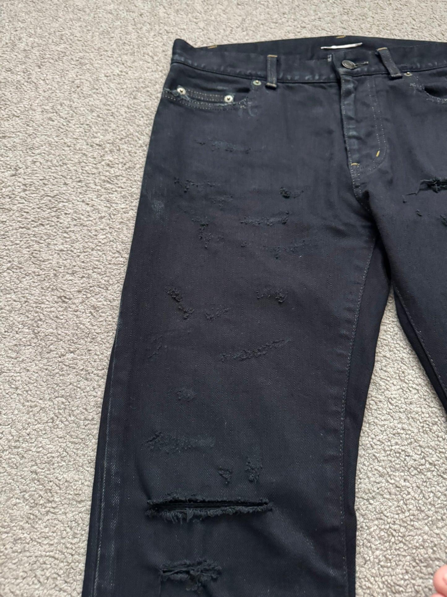 SS16 Saint Laurent by Hedi Slimane Oil Stain Distressed Crash Denim Jeans