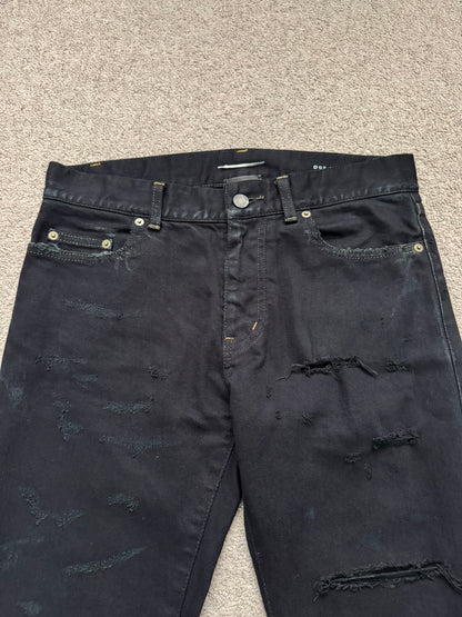 SS16 Saint Laurent by Hedi Slimane Oil Stain Distressed Crash Denim Jeans