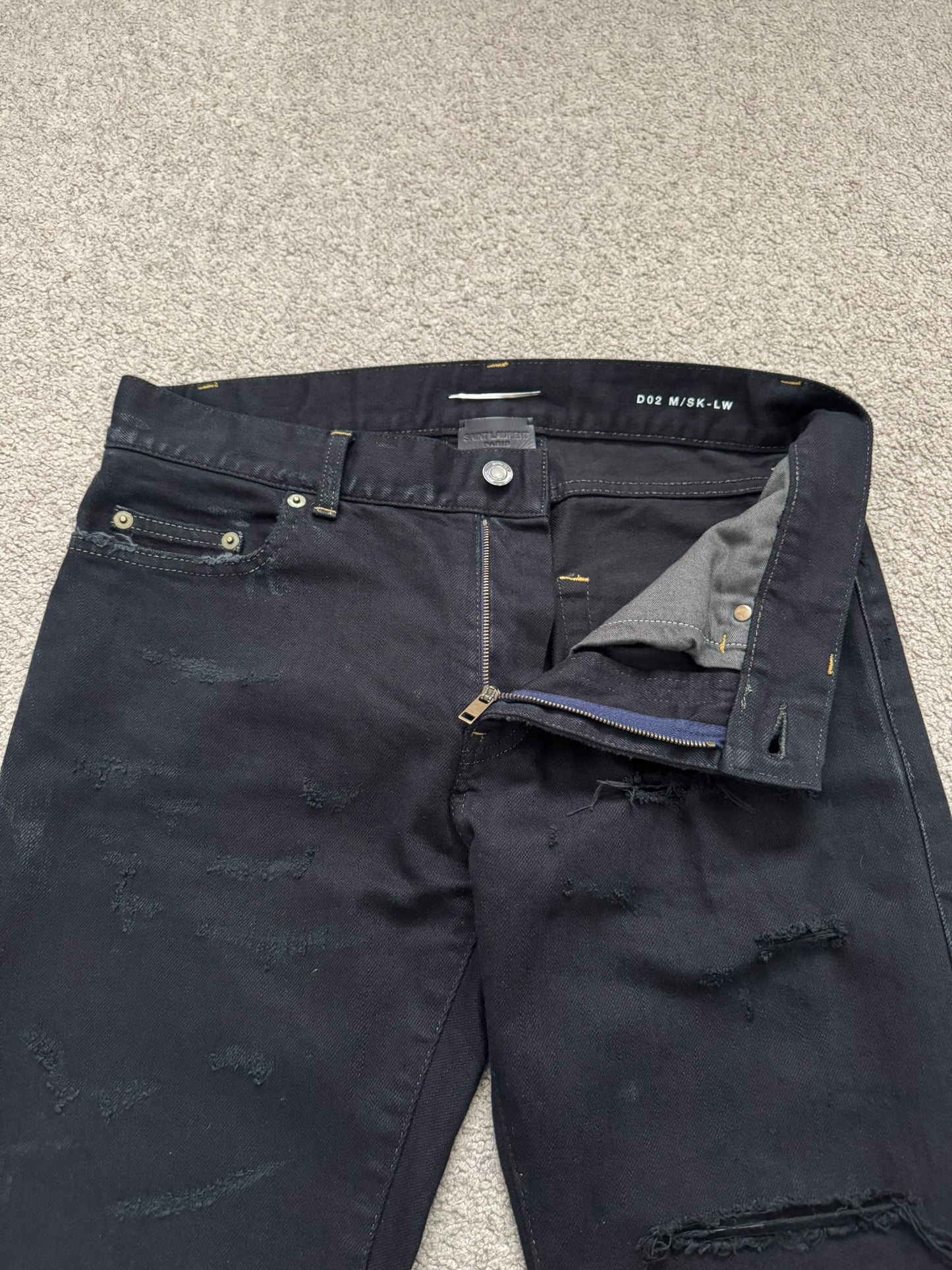 SS16 Saint Laurent by Hedi Slimane Oil Stain Distressed Crash Denim Jeans