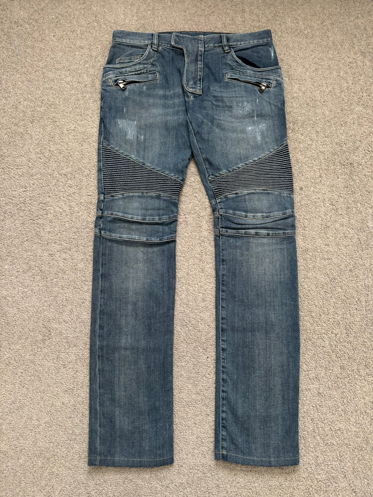 Balmain by Christophe Decarnin Washed Blue Zip Biker Denim Jeans