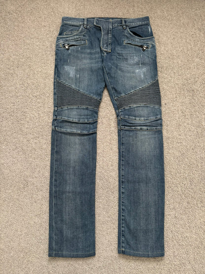 Balmain by Christophe Decarnin Washed Blue Zip Biker Denim Jeans
