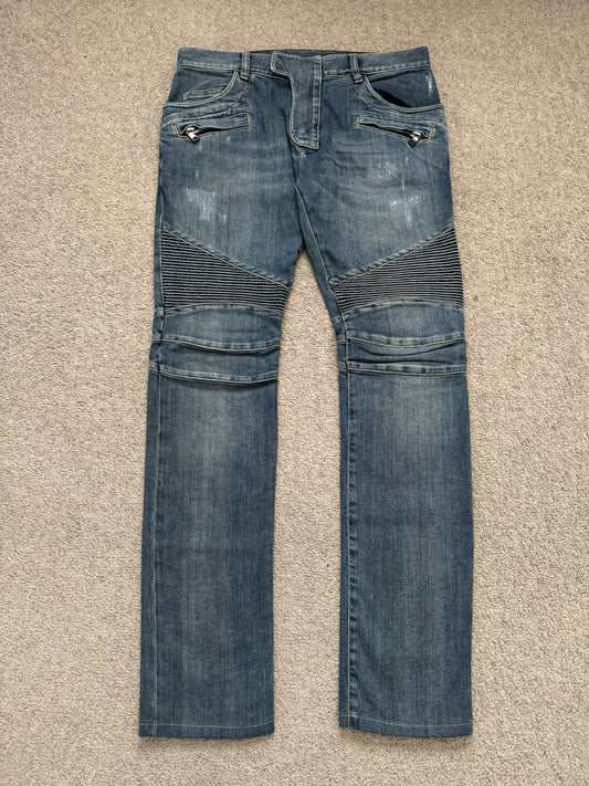 Balmain by Christophe Decarnin Washed Blue Zip Biker Denim Jeans