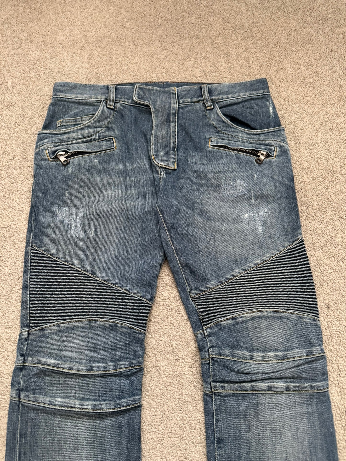 Balmain by Christophe Decarnin Washed Blue Zip Biker Denim Jeans