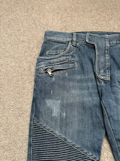Balmain by Christophe Decarnin Washed Blue Zip Biker Denim Jeans