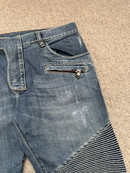 Balmain by Christophe Decarnin Washed Blue Zip Biker Denim Jeans