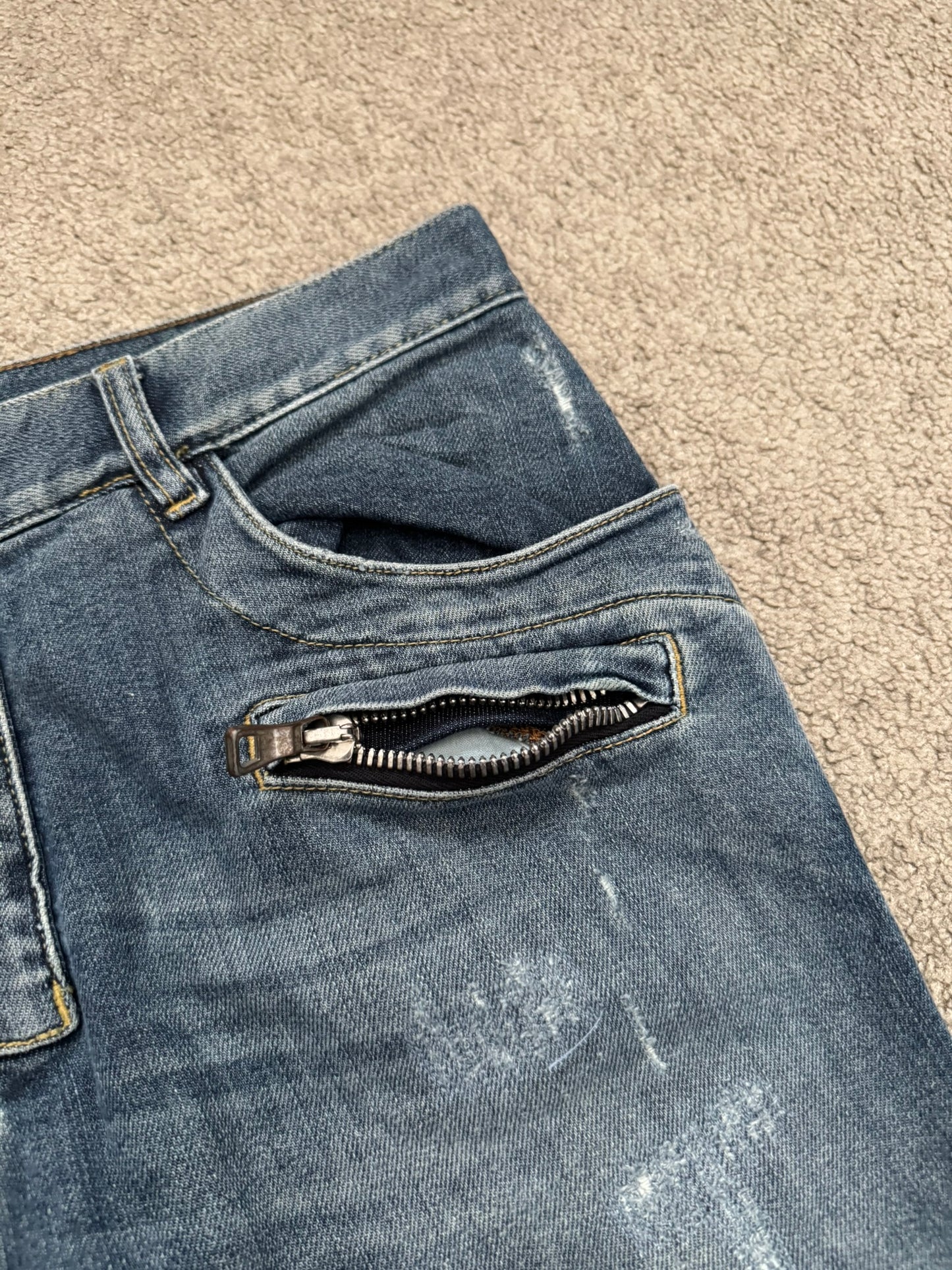 Balmain by Christophe Decarnin Washed Blue Zip Biker Denim Jeans