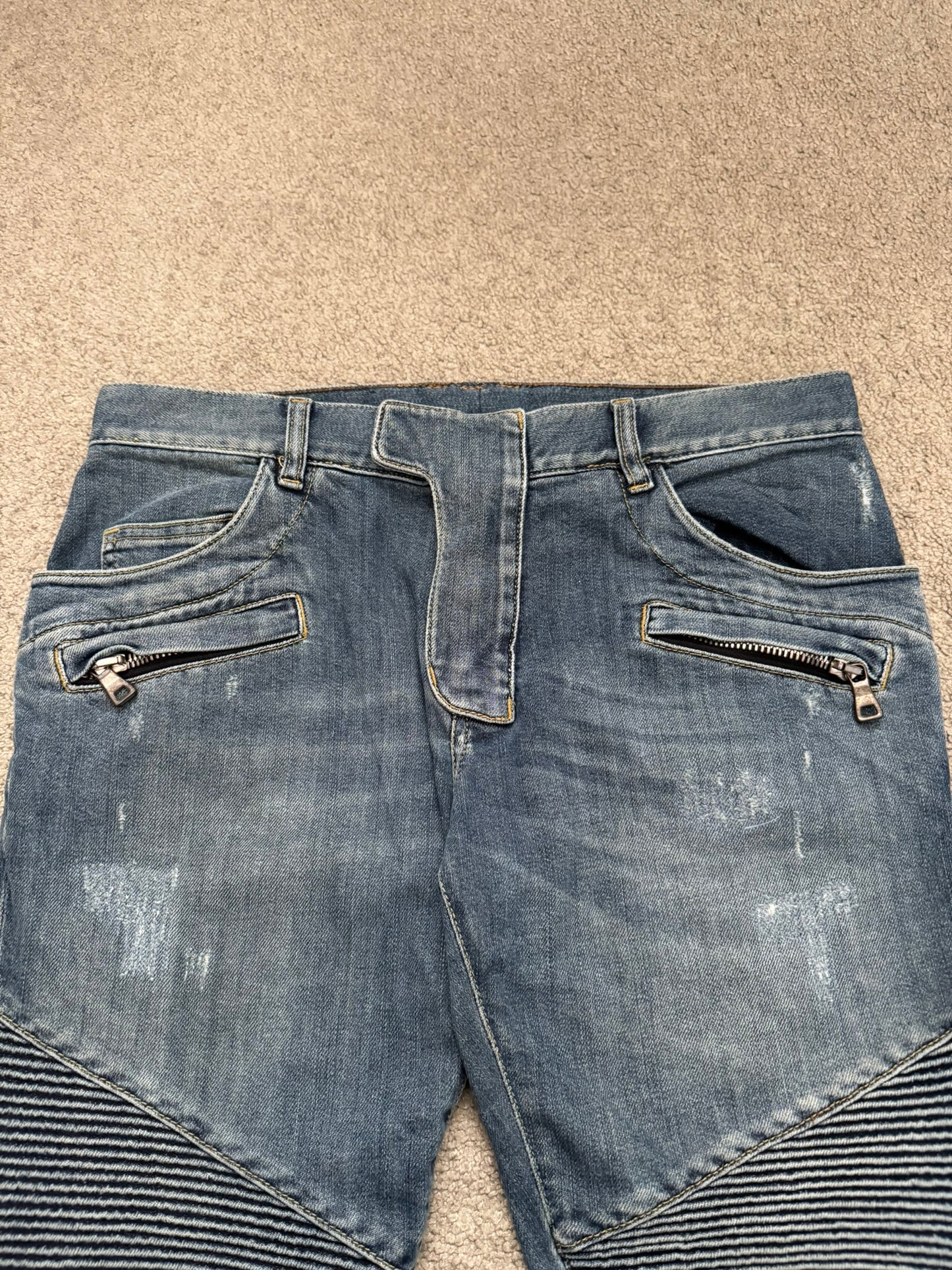 Balmain by Christophe Decarnin Washed Blue Zip Biker Denim Jeans