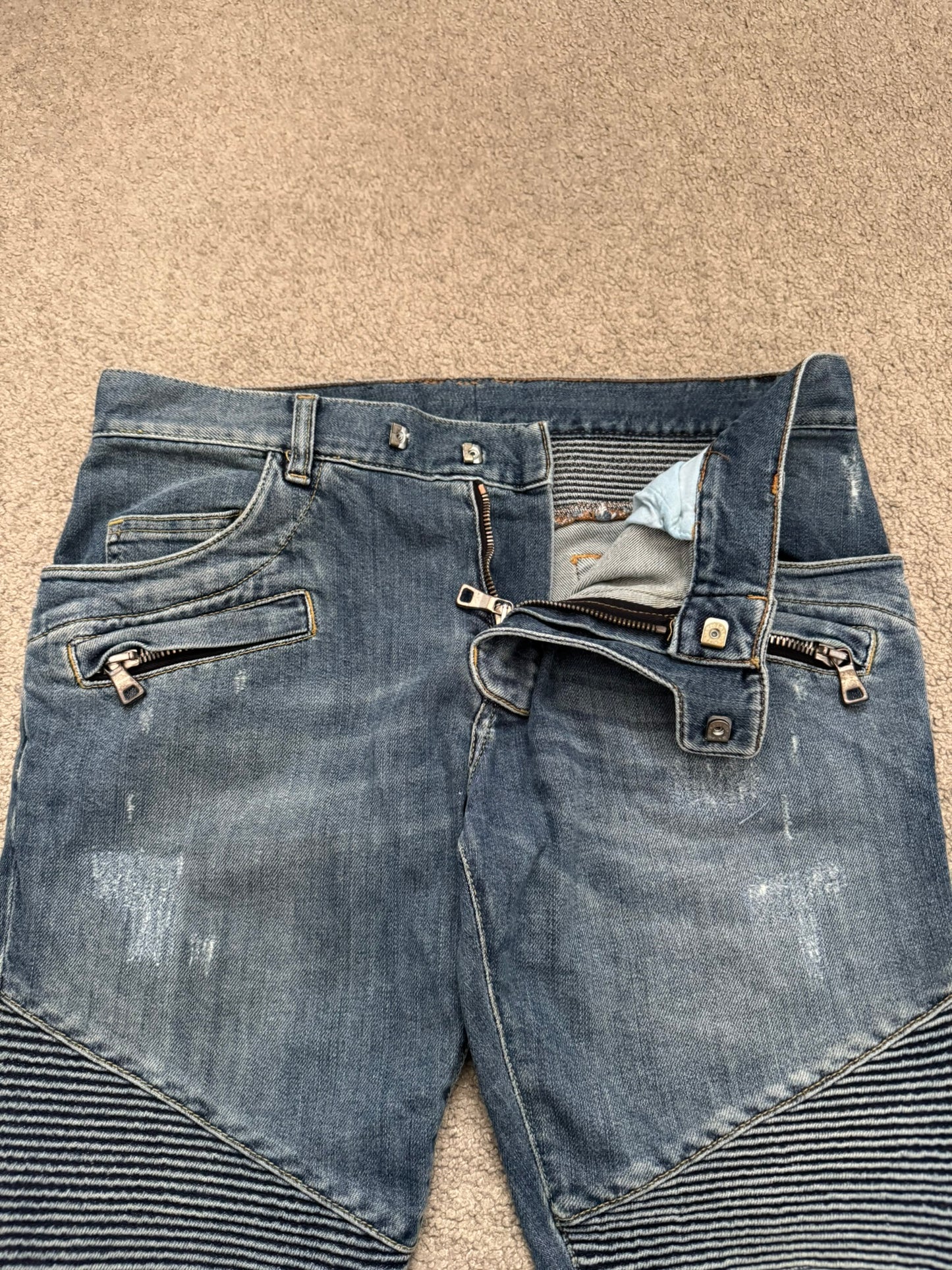 Balmain by Christophe Decarnin Washed Blue Zip Biker Denim Jeans