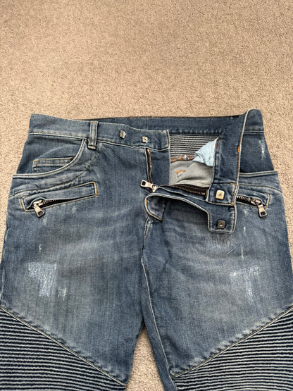 Balmain by Christophe Decarnin Washed Blue Zip Biker Denim Jeans