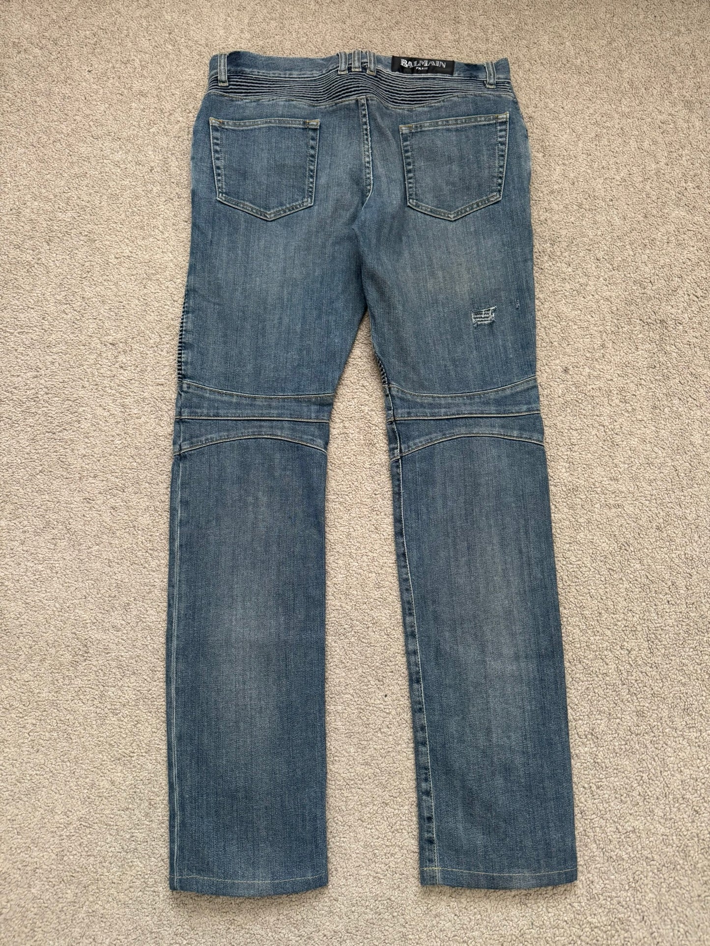 Balmain by Christophe Decarnin Washed Blue Zip Biker Denim Jeans