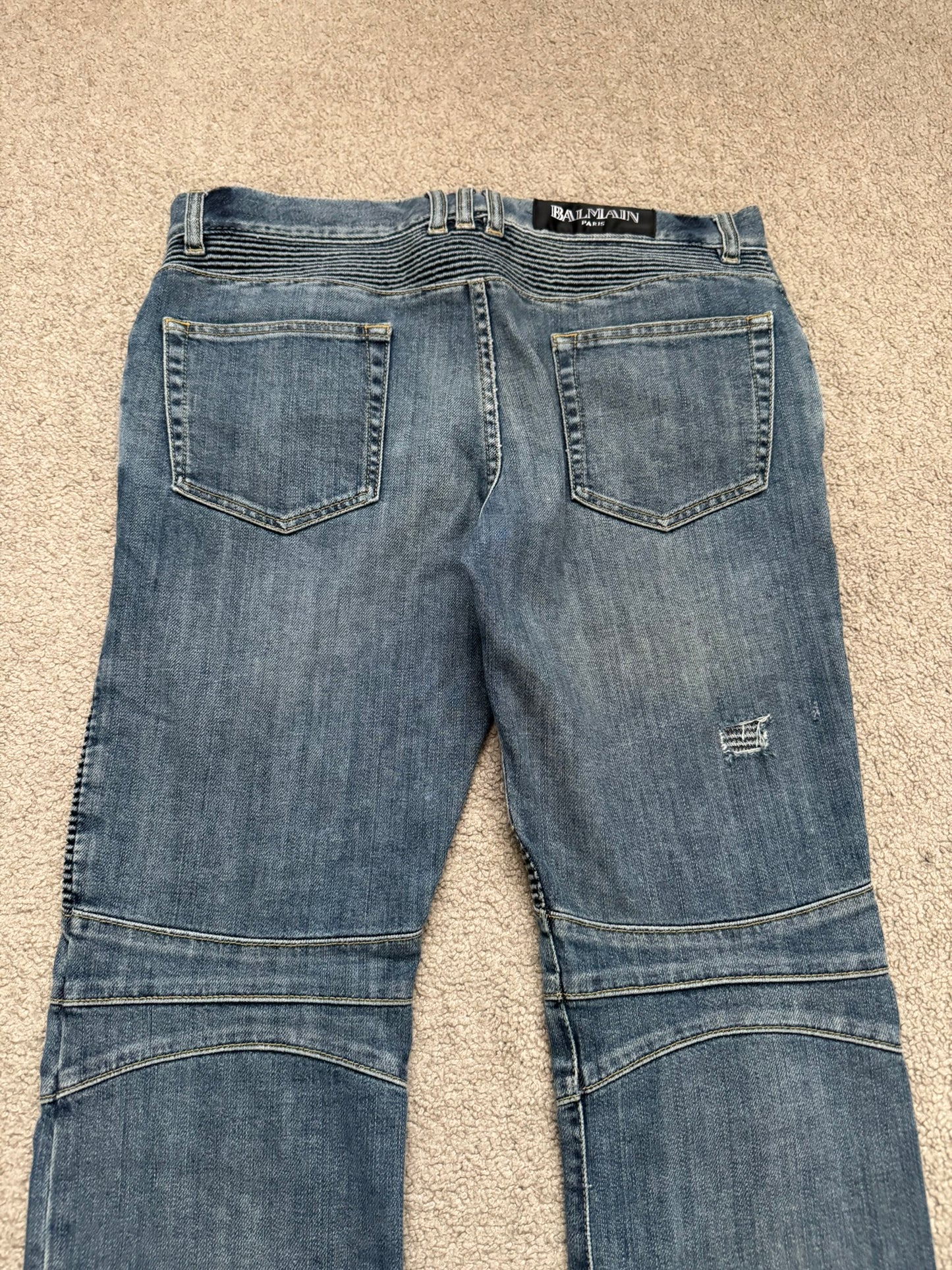 Balmain by Christophe Decarnin Washed Blue Zip Biker Denim Jeans