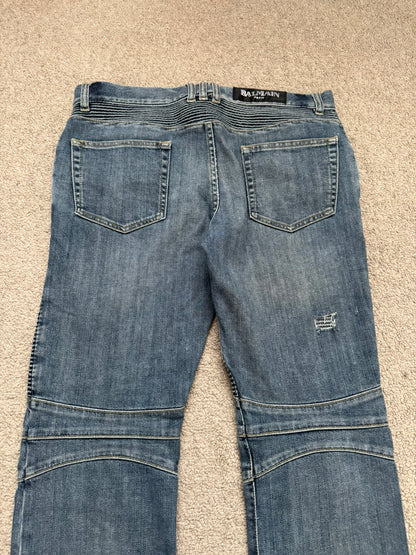 Balmain by Christophe Decarnin Washed Blue Zip Biker Denim Jeans