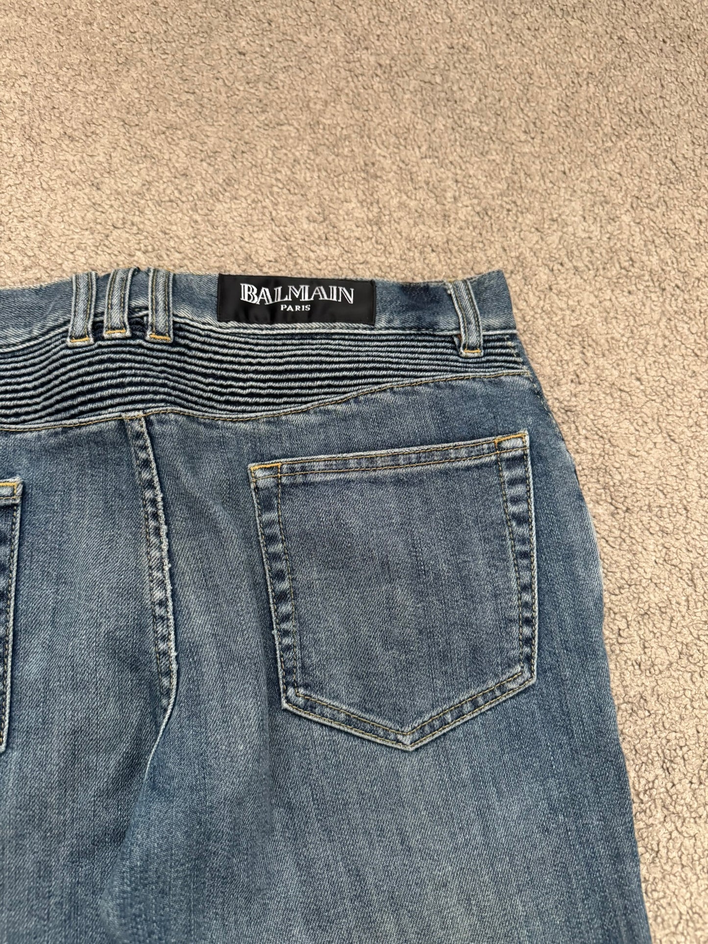 Balmain by Christophe Decarnin Washed Blue Zip Biker Denim Jeans