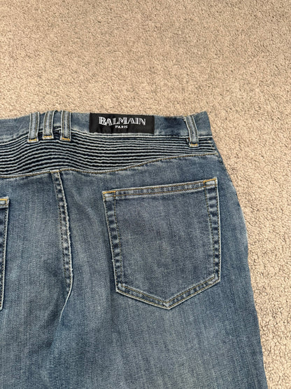 Balmain by Christophe Decarnin Washed Blue Zip Biker Denim Jeans