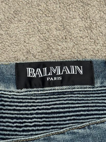 Balmain by Christophe Decarnin Washed Blue Zip Biker Denim Jeans