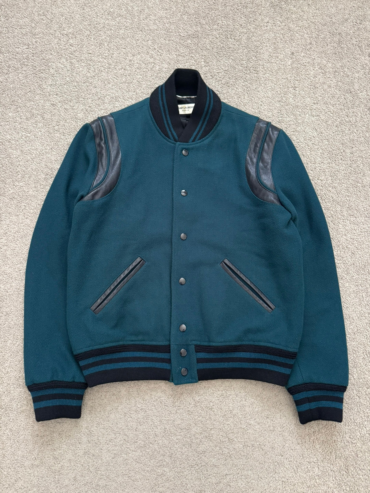 FW18 Saint Laurent Paris Teal Teddy Varsity Bomber Jacket