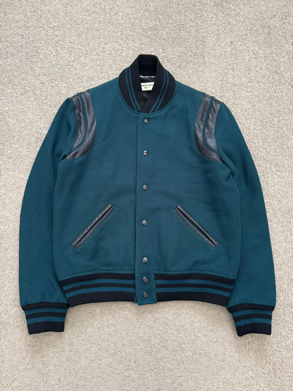 FW18 Saint Laurent Paris Teal Teddy Varsity Bomber Jacket