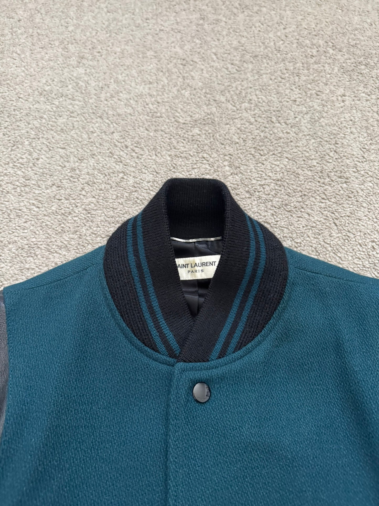 FW18 Saint Laurent Paris Teal Teddy Varsity Bomber Jacket