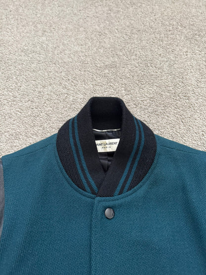 FW18 Saint Laurent Paris Teal Teddy Varsity Bomber Jacket