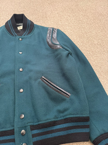 FW18 Saint Laurent Paris Teal Teddy Varsity Bomber Jacket