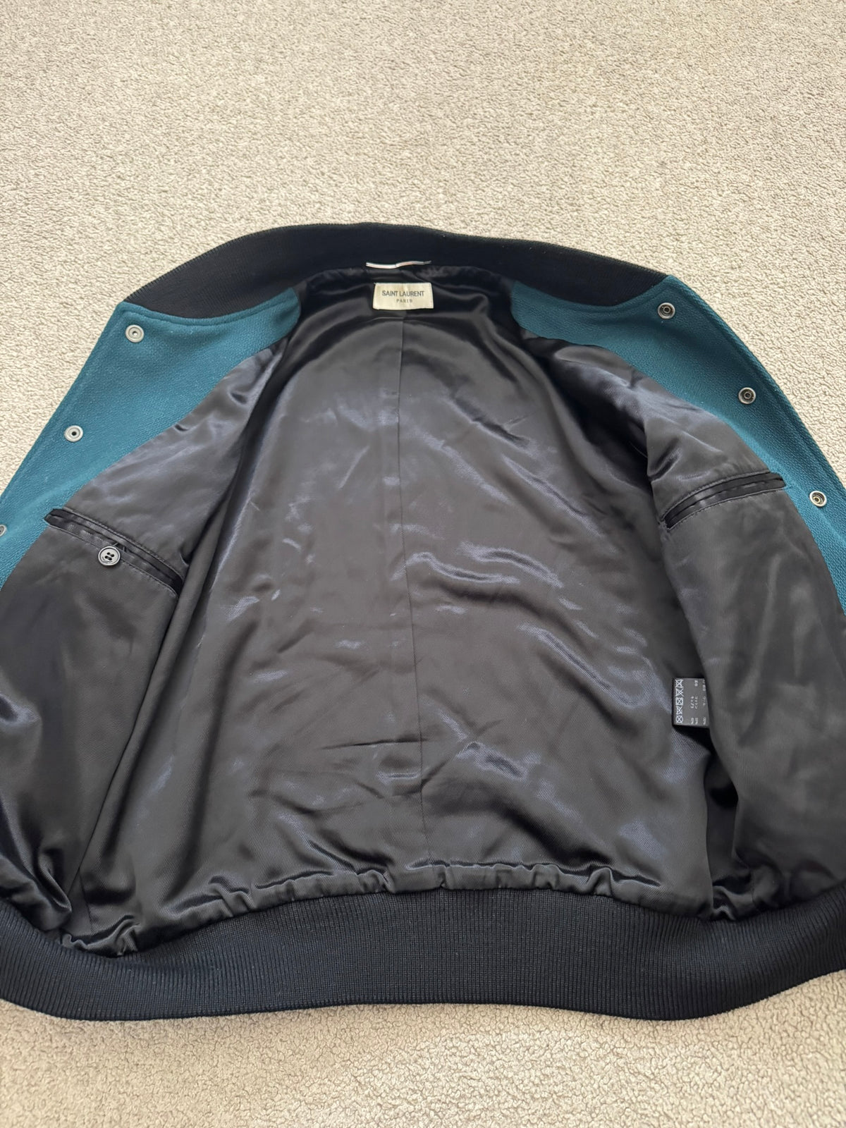FW18 Saint Laurent Paris Teal Teddy Varsity Bomber Jacket