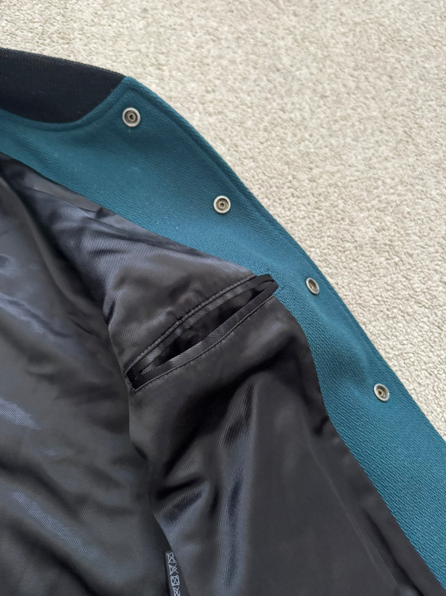 FW18 Saint Laurent Paris Teal Teddy Varsity Bomber Jacket
