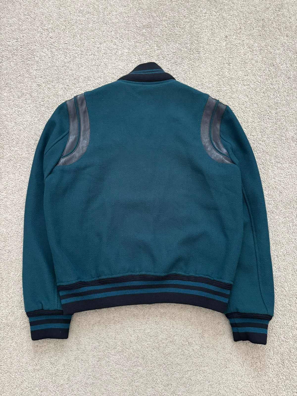 FW18 Saint Laurent Paris Teal Teddy Varsity Bomber Jacket
