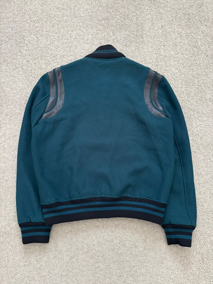 FW18 Saint Laurent Paris Teal Teddy Varsity Bomber Jacket