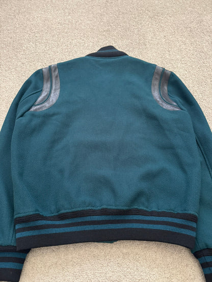 FW18 Saint Laurent Paris Teal Teddy Varsity Bomber Jacket