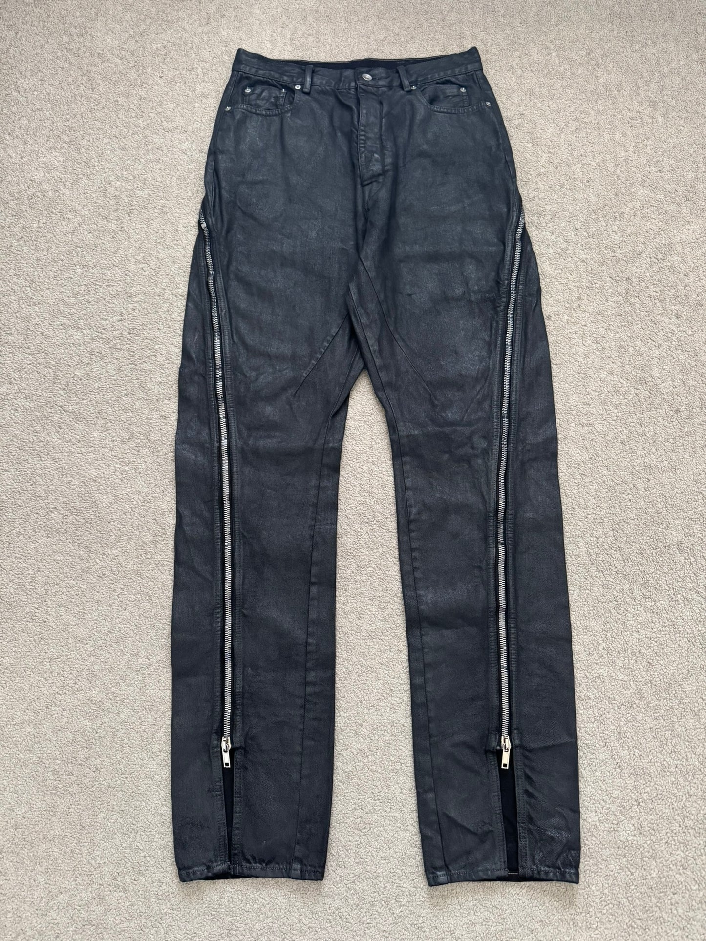 SS24 Rick Owens Mainline "Lido" Waxed Bolan Banana Cut Denim Jeans