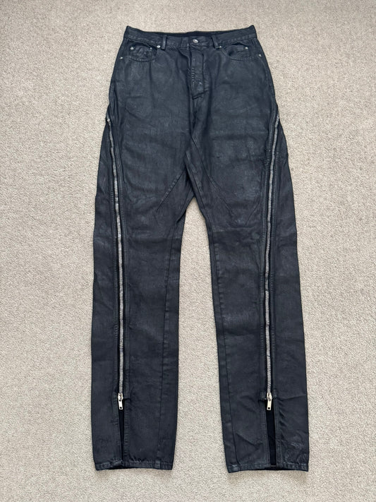 SS24 Rick Owens Mainline "Lido" Waxed Bolan Banana Cut Denim Jeans