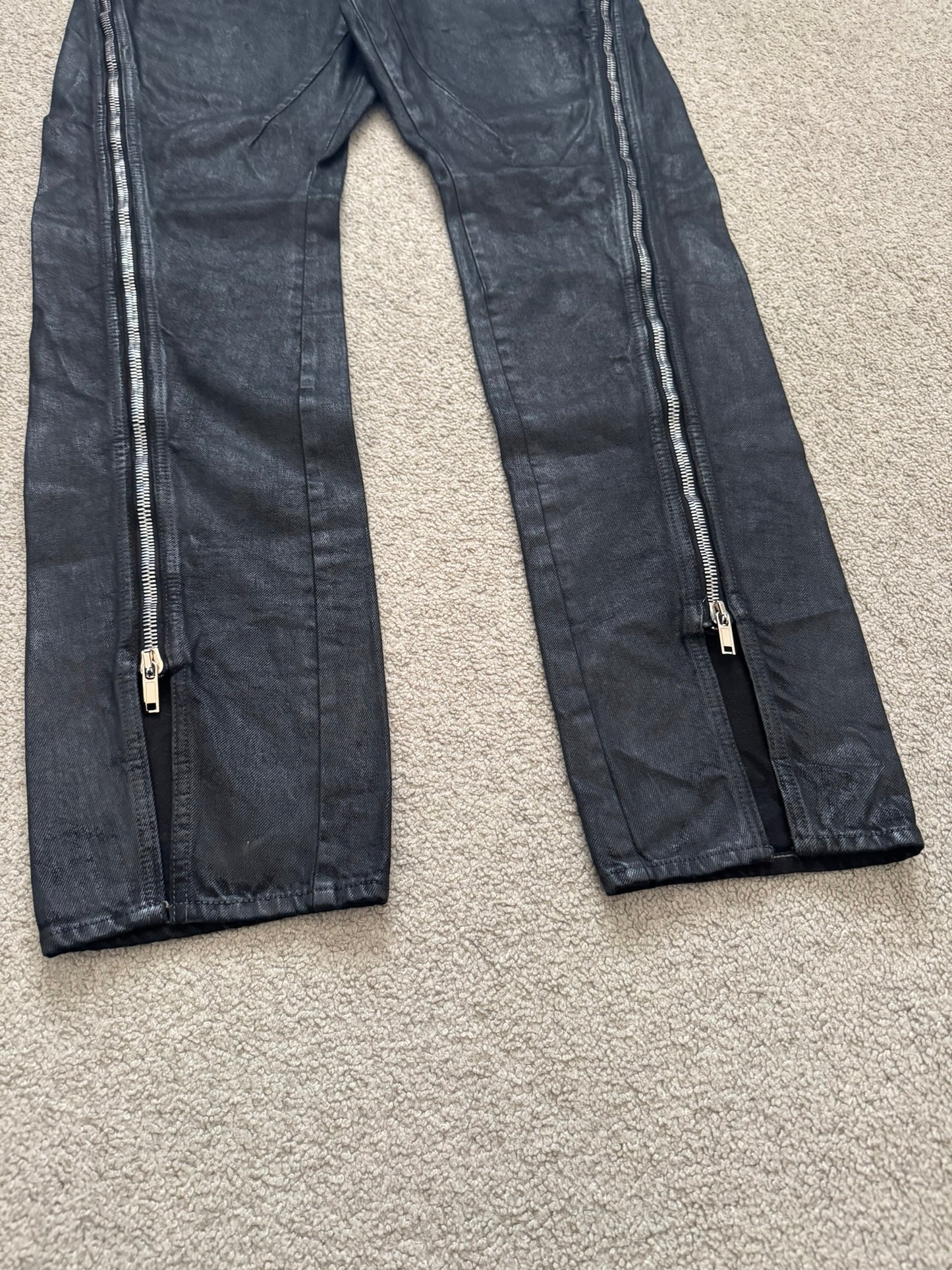 SS24 Rick Owens Mainline "Lido" Waxed Bolan Banana Cut Denim Jeans