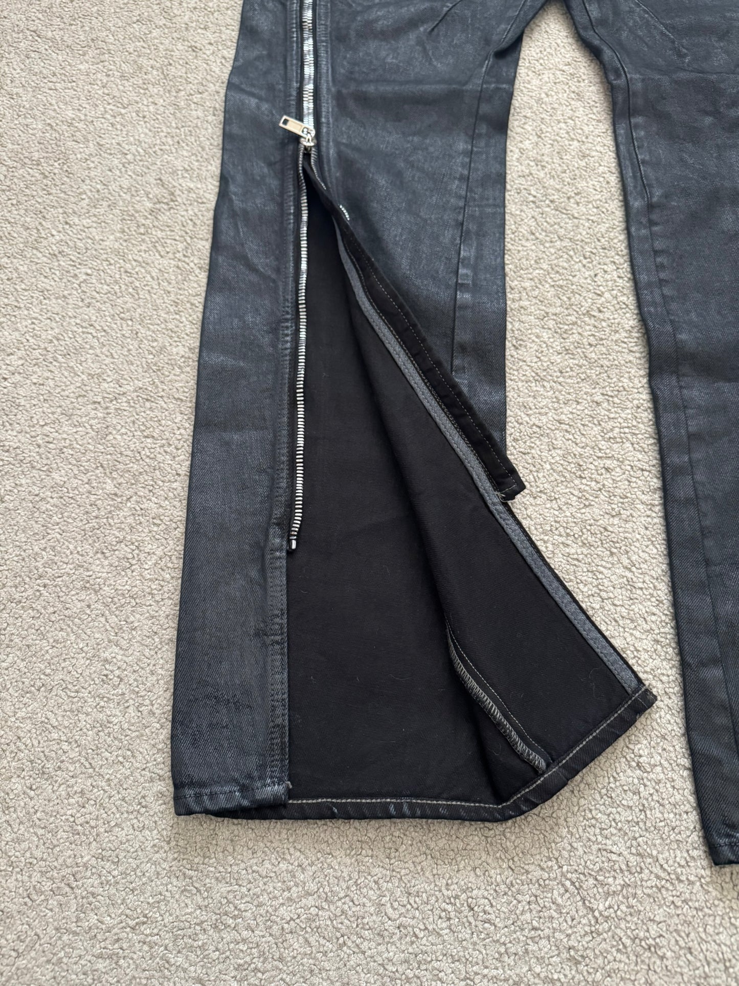 SS24 Rick Owens Mainline "Lido" Waxed Bolan Banana Cut Denim Jeans