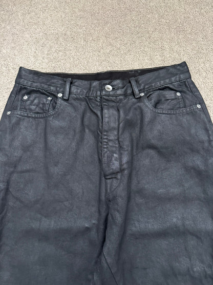SS24 Rick Owens Mainline "Lido" Waxed Bolan Banana Cut Denim Jeans