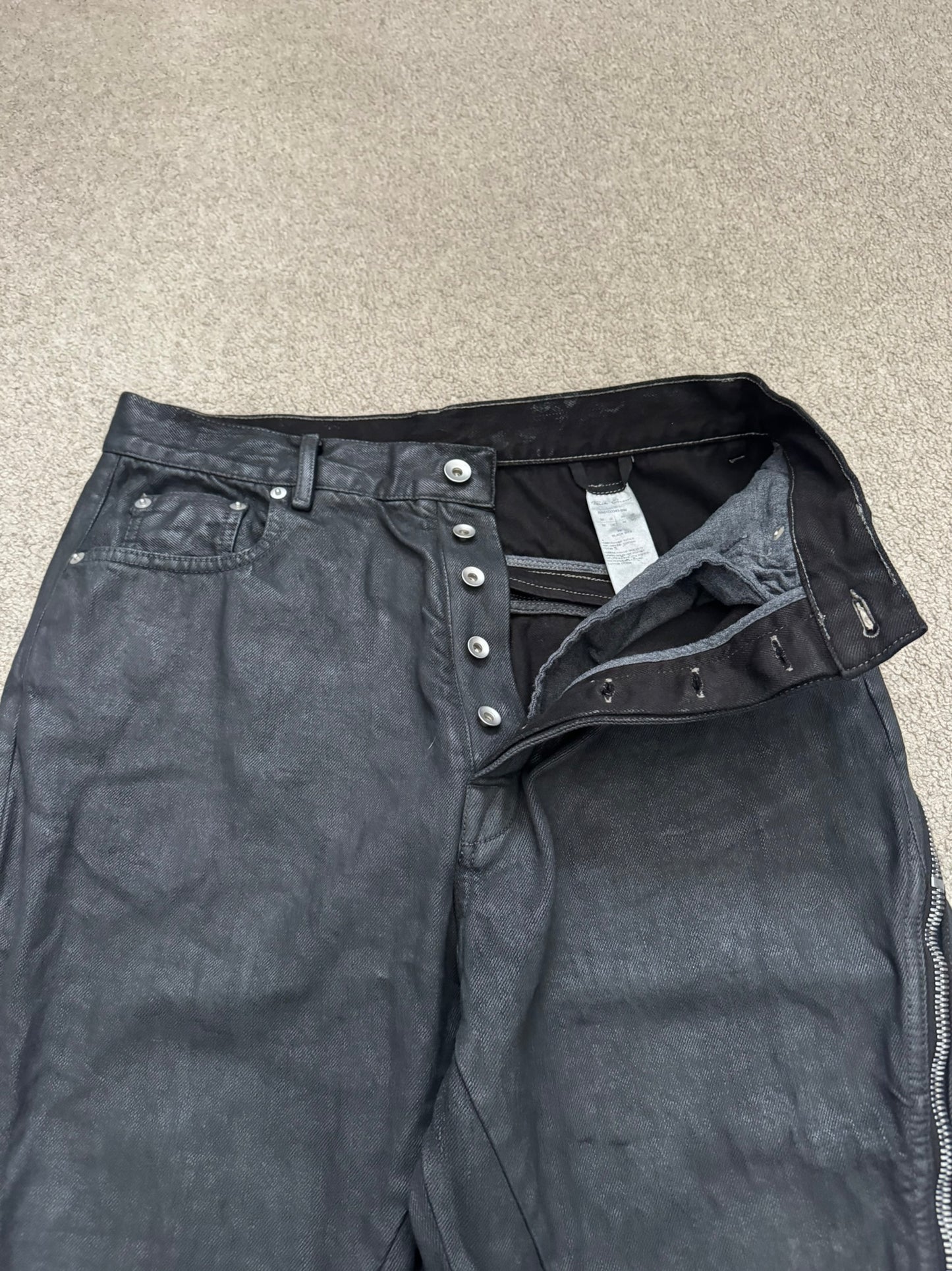 SS24 Rick Owens Mainline "Lido" Waxed Bolan Banana Cut Denim Jeans
