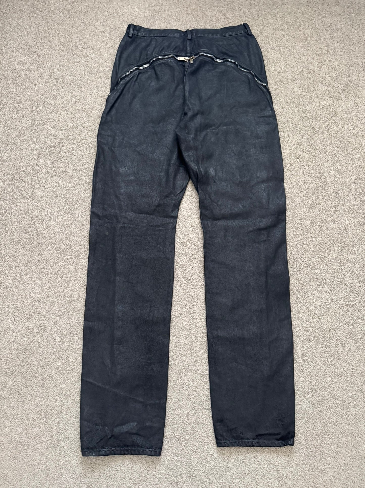 SS24 Rick Owens Mainline "Lido" Waxed Bolan Banana Cut Denim Jeans