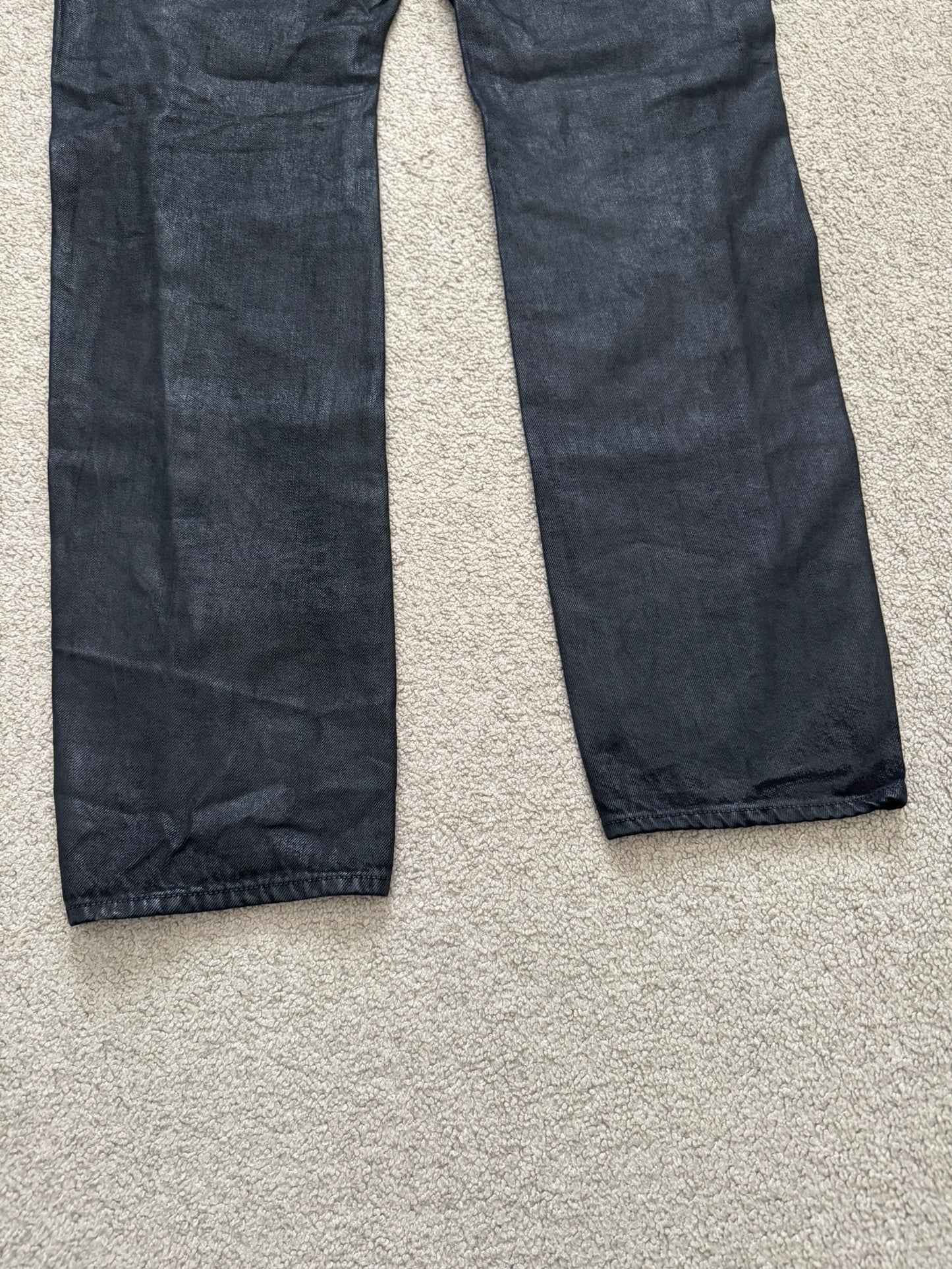 SS24 Rick Owens Mainline "Lido" Waxed Bolan Banana Cut Denim Jeans
