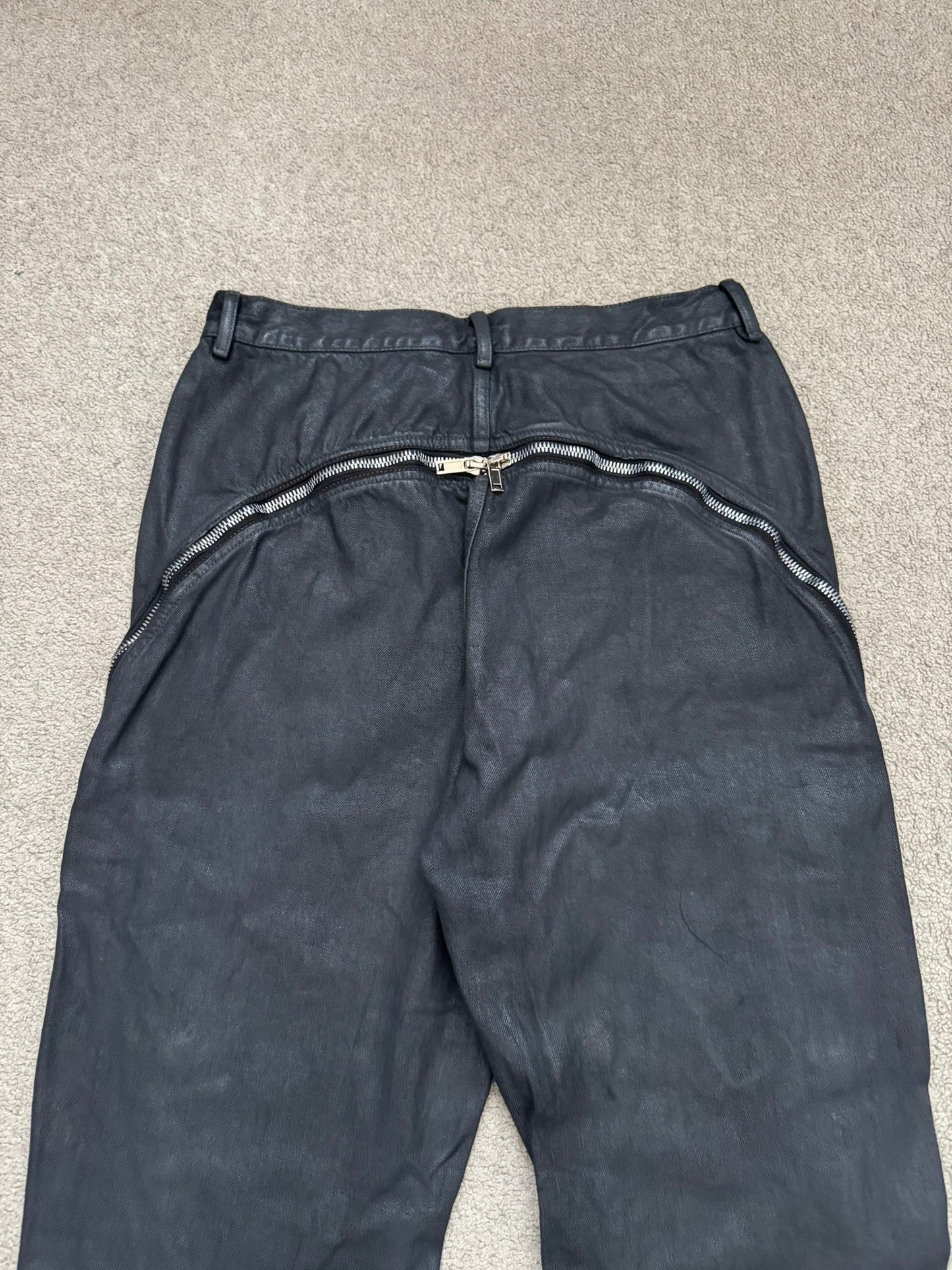 SS24 Rick Owens Mainline "Lido" Waxed Bolan Banana Cut Denim Jeans