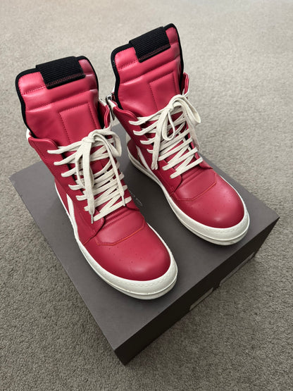 SS22 Rick Owens Mainline Carnelian Red & White Geobasket Sneakers