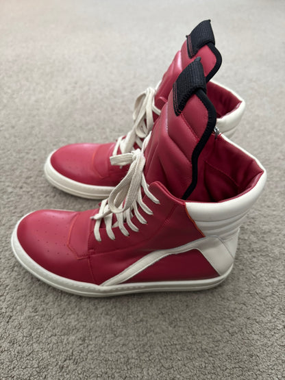 SS22 Rick Owens Mainline Carnelian Red & White Geobasket Sneakers