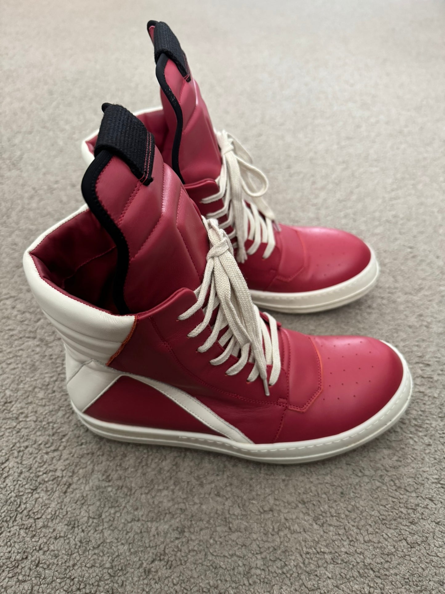 SS22 Rick Owens Mainline Carnelian Red & White Geobasket Sneakers