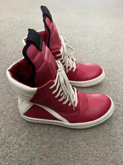 SS22 Rick Owens Mainline Carnelian Red & White Geobasket Sneakers