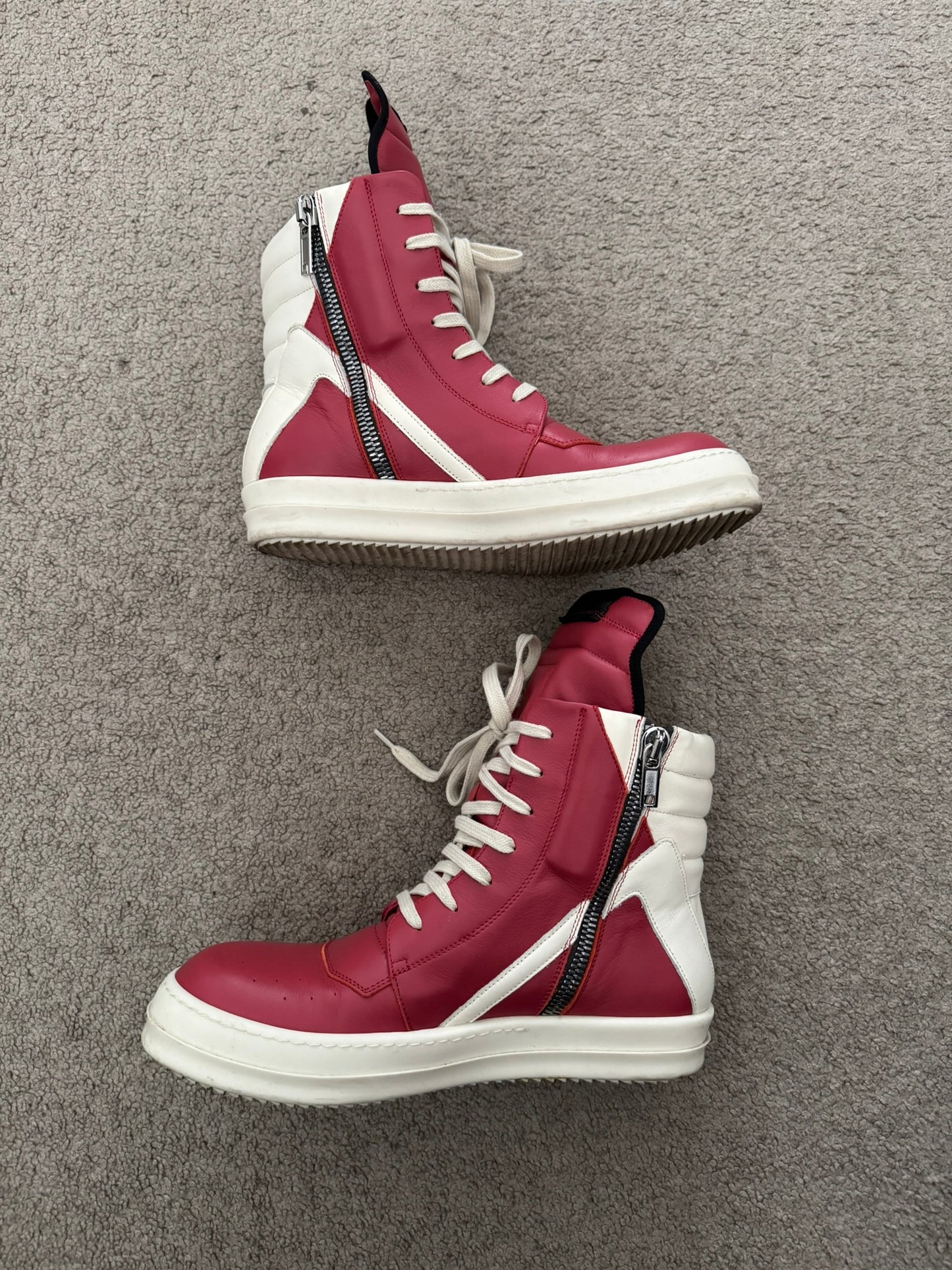 SS22 Rick Owens Mainline Carnelian Red & White Geobasket Sneakers