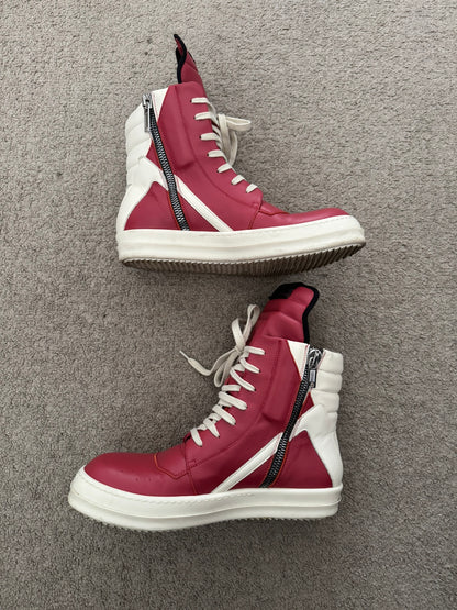 SS22 Rick Owens Mainline Carnelian Red & White Geobasket Sneakers