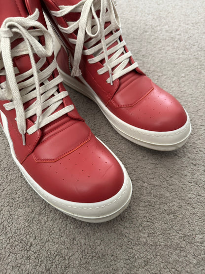 SS22 Rick Owens Mainline Carnelian Red & White Geobasket Sneakers