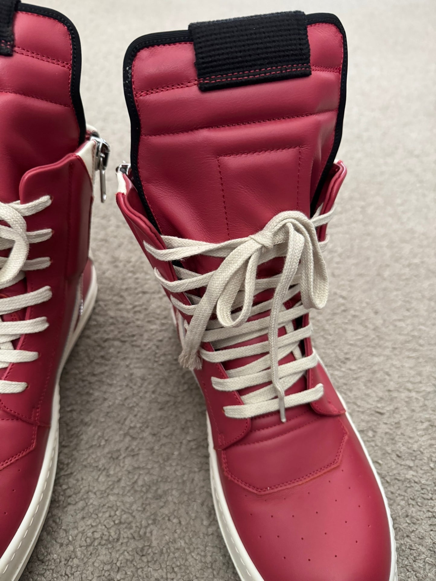 SS22 Rick Owens Mainline Carnelian Red & White Geobasket Sneakers